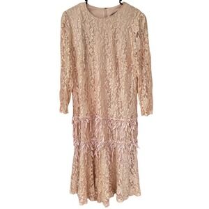Vintage David Rose Lace Dress 18.5 – PinkNude Sheath with Tassel Trim, MadeinUSA